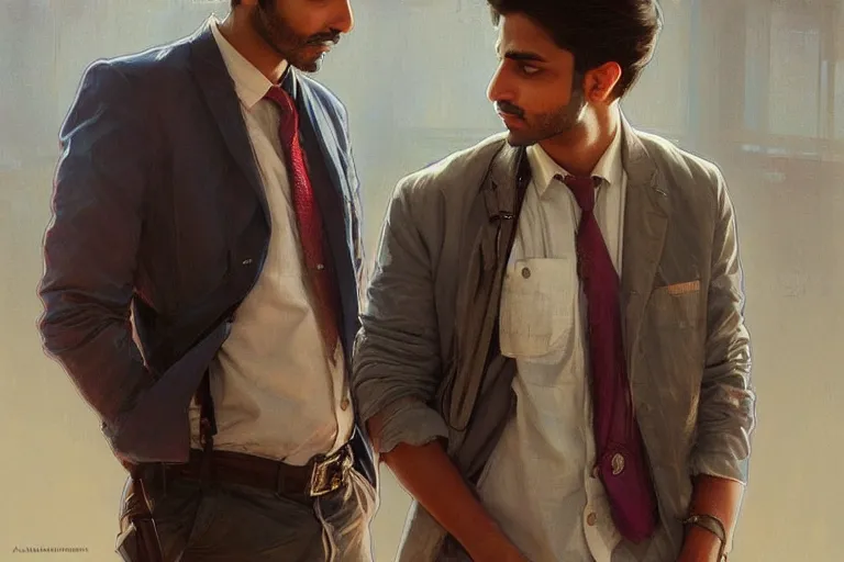 Image similar to Anxious good looking pale young Indian doctors wearing American clothes at the airport, portrait, elegant, intricate, digital painting, artstation, concept art, smooth, sharp focus, illustration, art by artgerm and greg rutkowski and alphonse mucha