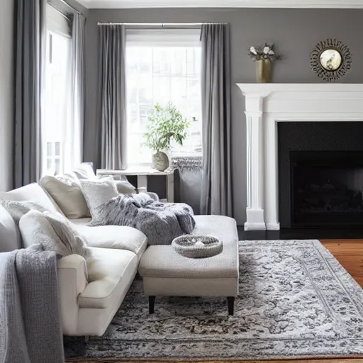 Image similar to cozy living room, grey walls, white ceiling, fireplace, medallion area rug