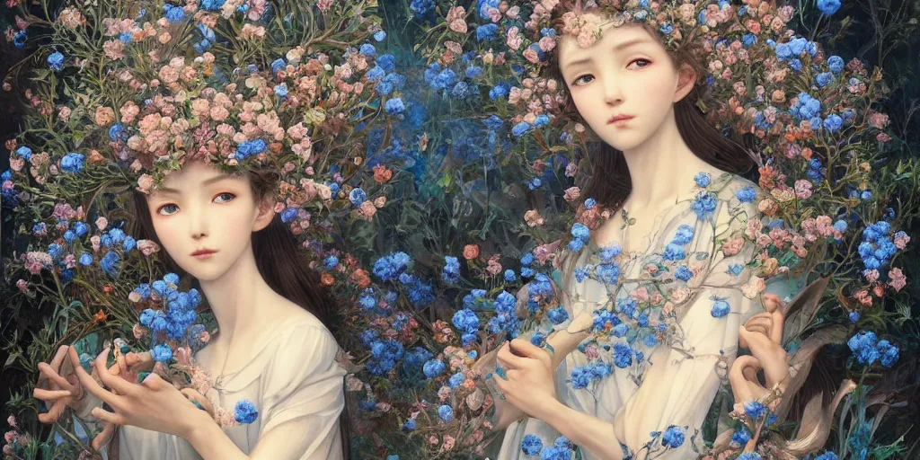 Image similar to breathtaking detailed concept art painting of the goddess of nemophila flowers, orthodox saint, with anxious, piercing eyes, ornate background, amalgamation of leaves and flowers, by Hsiao-Ron Cheng, James jean, Miho Hirano, Hayao Miyazaki, extremely moody lighting, 8K