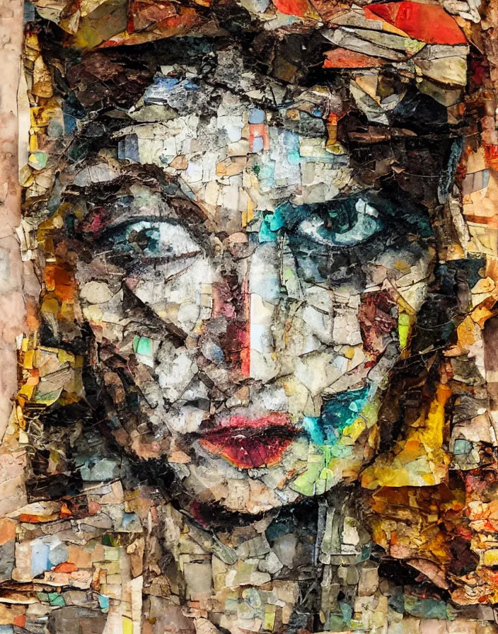 Prompt: glass face detailed analogue mixed media collage with canvas texture in style of contemporary art, punk art, hyperrealistic beautiful face, photorealistic, expressionism, masterpiece, perfect composition, spectacular quality torn paper, intricate oil details, broken glass