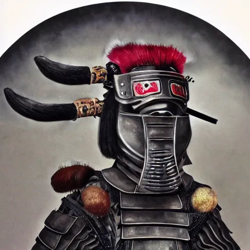 Prompt: highly detailed portrait of samurai warrior with oni demon mask armour