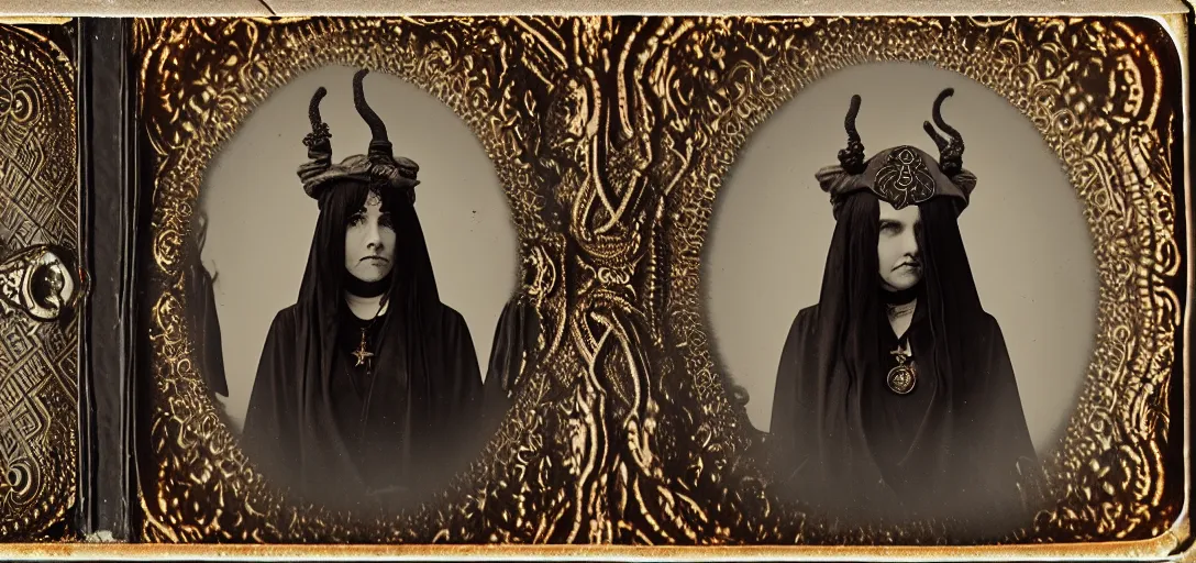 Image similar to tintype ambrotype daguerreotype of a cthulhu priestess adorned in occult jewels wearing occult ceremonial robes. with tentacle hair. emerging walking out of a slithering baroque frame.