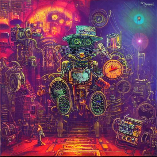 Image similar to steampunk rat, acid, 303, psychedelic, by paul lehr, cd cover for techno artist