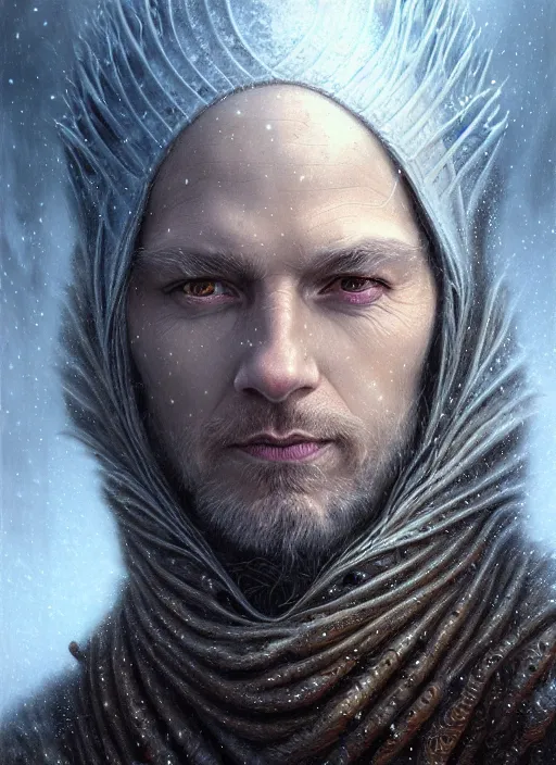 Image similar to closeup portrait shot of a snow wizard in a scenic dystopian environment, intricate, elegant, highly detailed, centered, digital painting, artstation, concept art, smooth, sharp focus, illustration, artgerm, tomasz alen kopera, peter mohrbacher, donato giancola, joseph christian leyendecker, wlop, boris vallejo