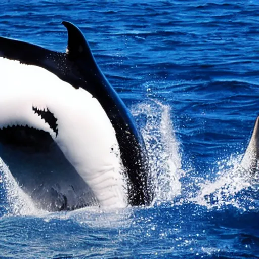 Image similar to A humanoid orca whale and great white shark boxing in a ring