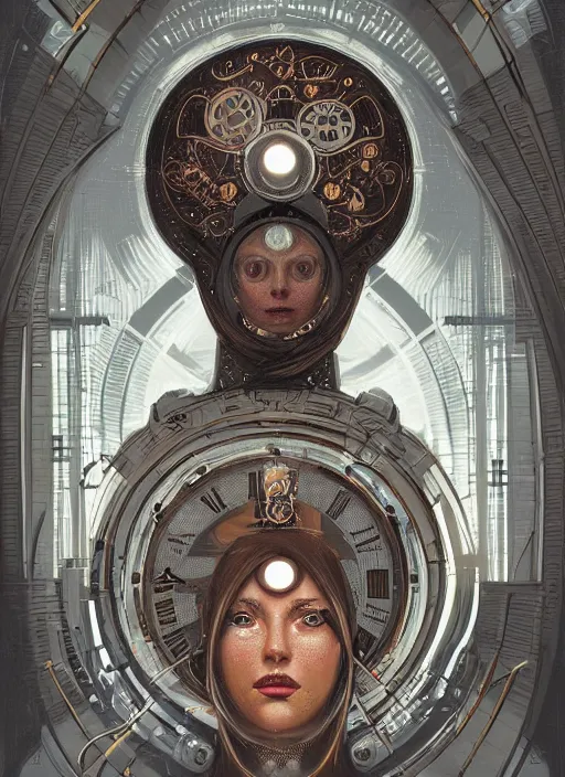 Prompt: symmetry!! portrait of clockface alien in the style of, clocks and machine face, intricate, elegant, highly detailed, digital painting, artstation, concept art, smooth, sharp focus, illustration, art by artgerm and greg rutkowski and alphonse mucha, 8 k