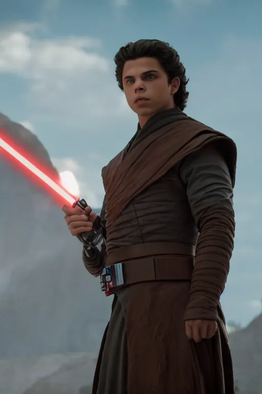 Prompt: jake t. austin as a sith in star wars the rise of skywalker, 3 5 mm photography, highly detailed, cinematic lighting, standing pose, holding lightsaber 4 k