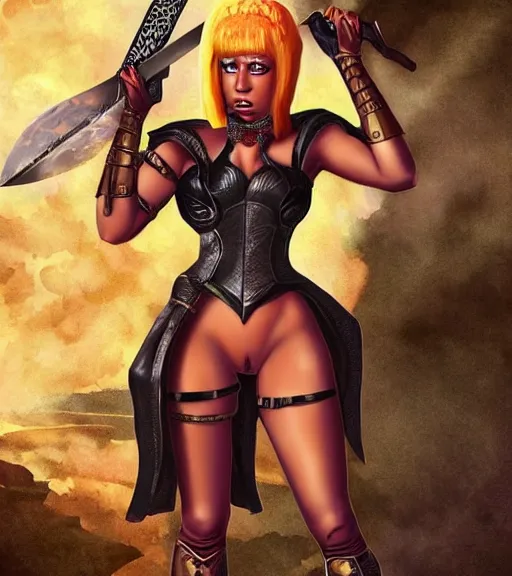Prompt: 1 9 8 0 s fantasy novel book cover, nicki minaj in extremely tight bikini armor wielding a cartoonishly large sword, exaggerated body features, dark and smoky background, low quality print