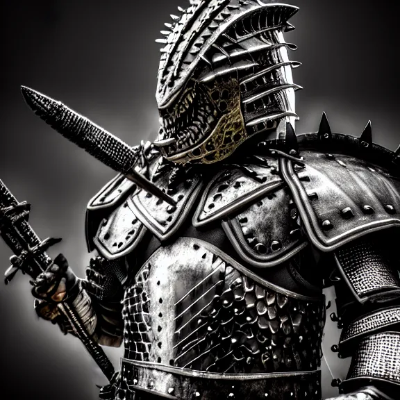 Image similar to photo of a warrior with metal crocodile theme armour, 4 k, hdr, smooth, sharp focus, high resolution, award - winning photo