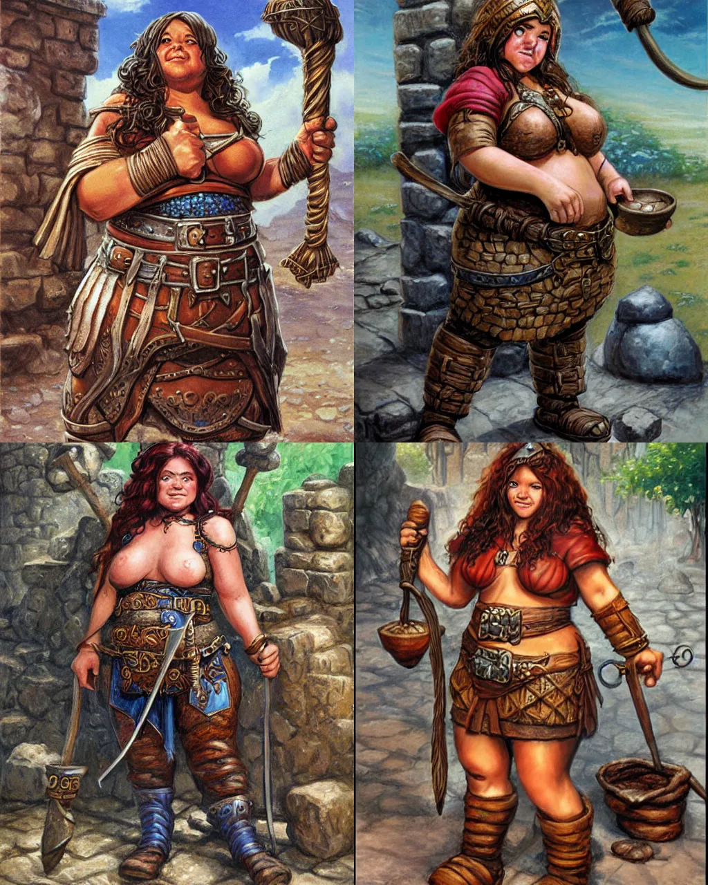 Prompt: female dwarven blacksmith, chubby short stature, elaborate hair, by jeff easley