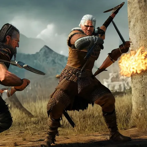 Image similar to a catachan warrior fighting geralt of rivia,
