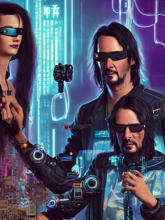 Prompt: a cyberpunk 2077 couple portrait of Keanu Reeves and A female android with VR glasses,complex mess of cables and wires behind them connected to giant computer,love story,film lighting,by laurie greasley,Lawrence Alma-Tadema,Donato Giancola,William Morris,Dan Mumford,trending on atrstation,FAN ART,Digital painting,full of color,face enhance,highly detailed,8K, octane,golden ratio,cinematic lighting