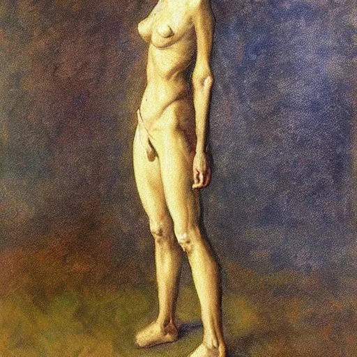 Image similar to standing skinny female artist in the style of realism, renaissance oil painting, tonalism, rococo, manga