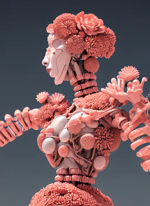 Image similar to biomechanical mannequin carrying perfume bottle enchanted coral kingdom made of corals, daisies, roses contoured smooth fair walls carrying perfume bottle, up close shot, sharp focus, global illumination, radiant light, alexandre ferra white mecha, irakli nadar, octane highly render, 4 k, ultra hd,