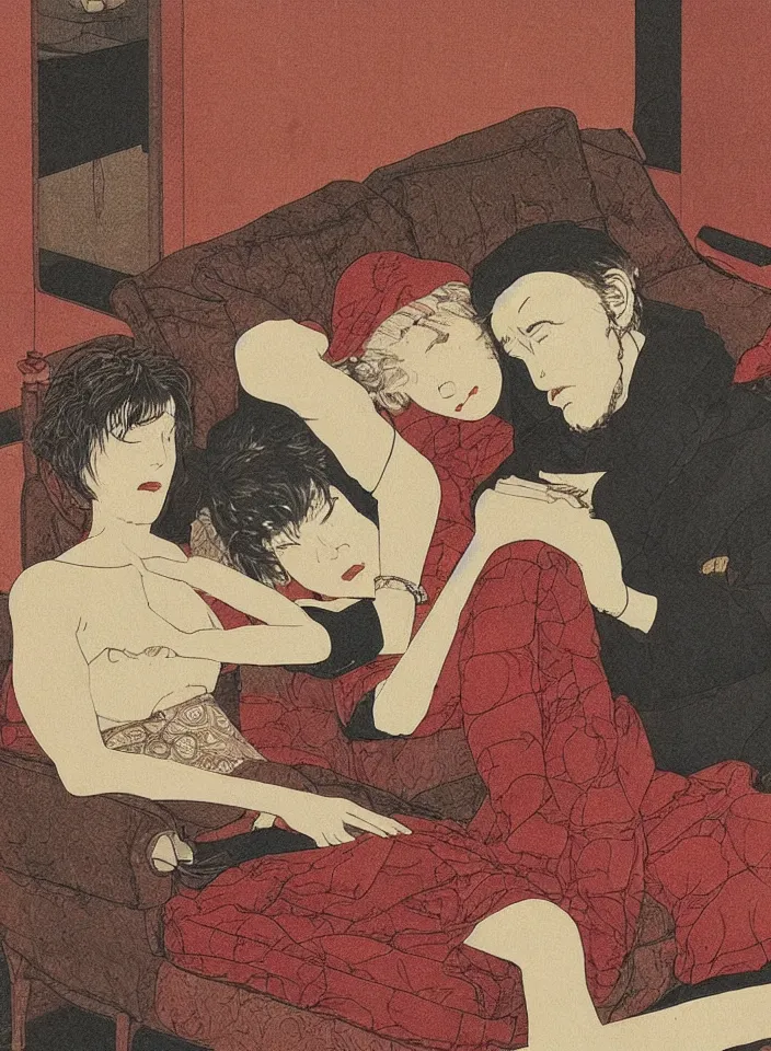 Image similar to early color photo of an old dead couple sitting on a couch in an old soviet apartment, art by Takato Yamamoto. highly detailed high resolution