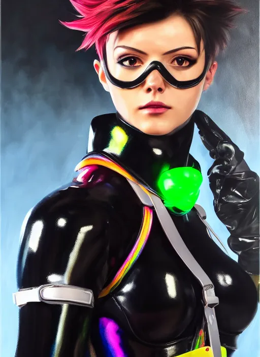 Image similar to realistic oil painting portrait of tracer overwatch, confident pose, wearing black iridescent rainbow latex, rainbow, neon, 4 k, expressive surprised expression, makeup, wearing detailed black leather collar, wearing sleek armor, studio lighting, black leather harness, expressive detailed face and eyes,