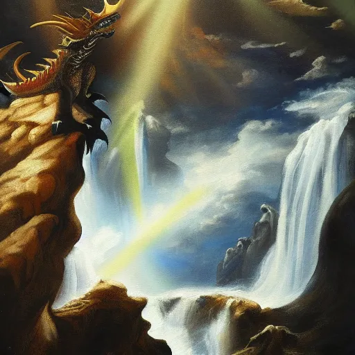 Prompt: oil painting of a dragon flying in the air near a cave with a waterfall in the center, light emanating from the waterfall leading to a big pool of water, dragon has black and white siberian tigerlike stripes, elegant, sharp focus, wide shot, clear, detailed, early renaissance