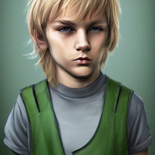 Image similar to blonde shoulder-length haired boy, green eyes, portrait, artstation, highly detailed, by Ross tram