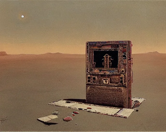 Image similar to very weird minimalistic machine, huge, occult, in the middle of desert, blotchy, hazy oil painting, tarot texture, by carrington and beksinski