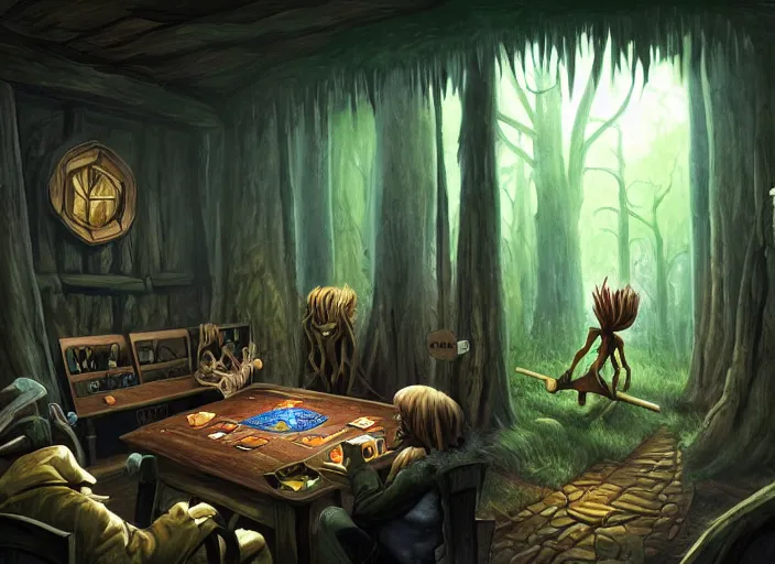 Image similar to interior of a dark cabin. a leshy forces you to play a tabletop card game. painting by dan volbert and mandy jurgens and deiv calviz and lim chuan shin