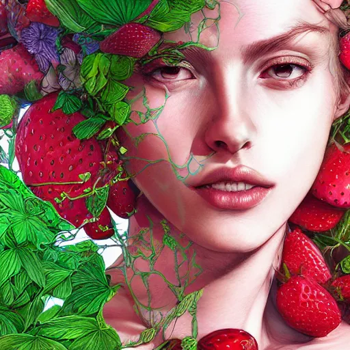 Prompt: the portrait of an absurdly beautiful, graceful, elegant, sensual woman made of strawberries and green petals, an ultrafine hyperdetailed illustration by kim jung gi, irakli nadar, intricate linework, bright colors, octopath traveler, final fantasy, angular, unreal engine 5 highly rendered, global illumination, radiant light, detailed and intricate environment