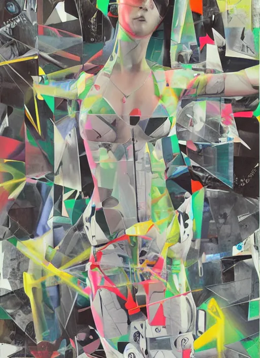 Image similar to futuristic lasers tracing, data visualization, laserpunk fullbodysuit,, pyramid visor, raindrops, wet, oiled, beautiful cyborg girl pinup, by steven meisel, kaws, rolf armstrong, cubist perfect geometry abstract acrylic, hyperrealism photorealistic airbrush collage painting, monochrome, neon fluorescent colors, minimalist rule of thirds, eighties eros