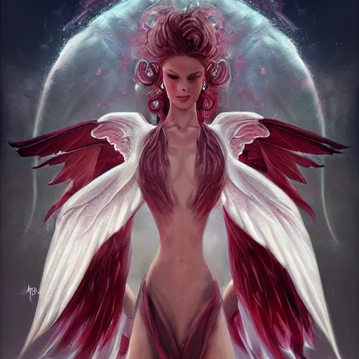 Image similar to woman - unicorn hybrid red angel - wings, stunning, realistic, symmetric portrait, face, intricate, very detailed, fantasy digital art, trending in artstation, marc simonetti