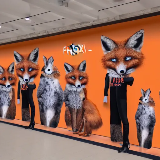 Image similar to a shopping mall picture outside of a fox-themed clothing store vendor, designed after foxes, Fox design patterns on the orange wall, realistic photo