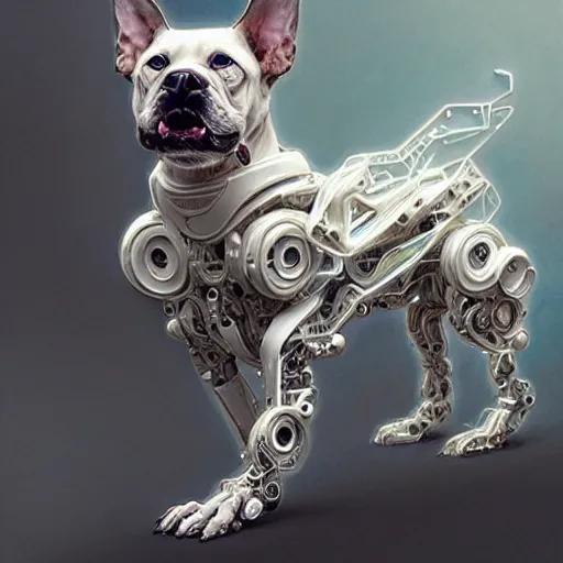 Image similar to organic cyborg dog, holographic white plastic and driftwood, fantasy, intricate, elegant, highly detailed, lifelike, photorealistic, digital painting, artstation, illustration, smooth, sharp focus, art by scott davidson, albert aublet, krenz cushart, artem demura, mucha