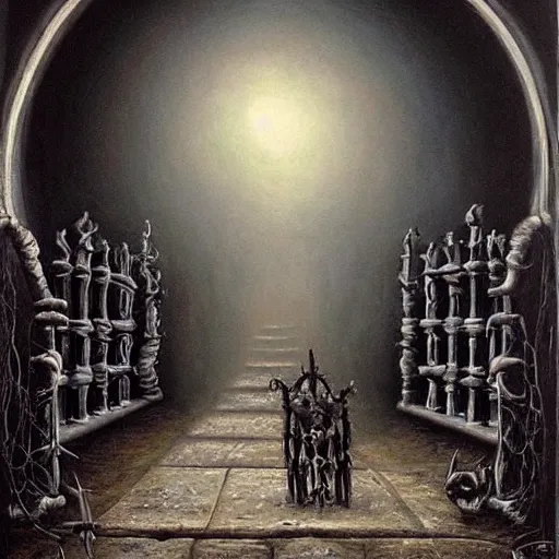 Prompt: In the center of the painting is a large gateway that seems to lead into abyss of darkness. On either side of the gateway are two figures, one a demon-like creature, the other a skeletal figure. by Mark Ryden, by Briton Rivière elaborate