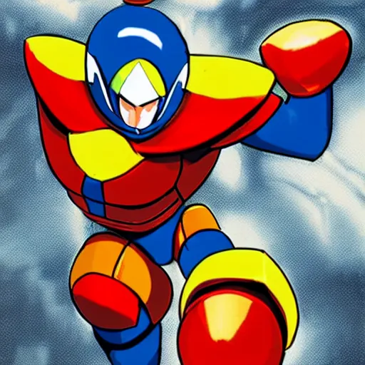 Prompt: His armor, however, resembles that of most other Robot Masters in that it's a skintight bodysuit with large rounded coverings on the lower arms and legs, and typical 'superhero briefs'. Mega Man's primary color is light blue with a dark blue 'trim' (his arms, legs, helmet and 'briefs'). His helmet has a raised light blue square in the forehead and a light blue ridge running straight back from the square, resembling an exclamation mark. His helmet also features round light blue sections with red circles in the center over his ears. He also has red circles in his Mega Buster and below his feet., Megaman series