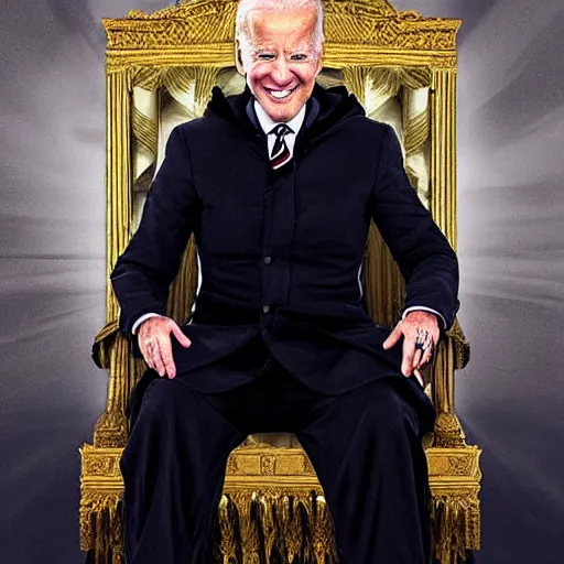 Prompt: joe biden sitting on a throne in a dark evil room with a cloak obscuring his eyes, evil grin, horror, terrifying artwork