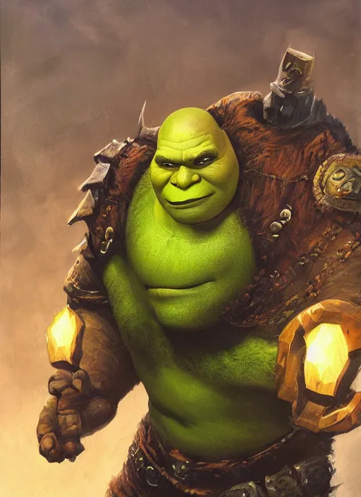 Image similar to dramatic oil painting of shrek as thrall from world of warcraft, artstation, shrek, epic, dramatic,