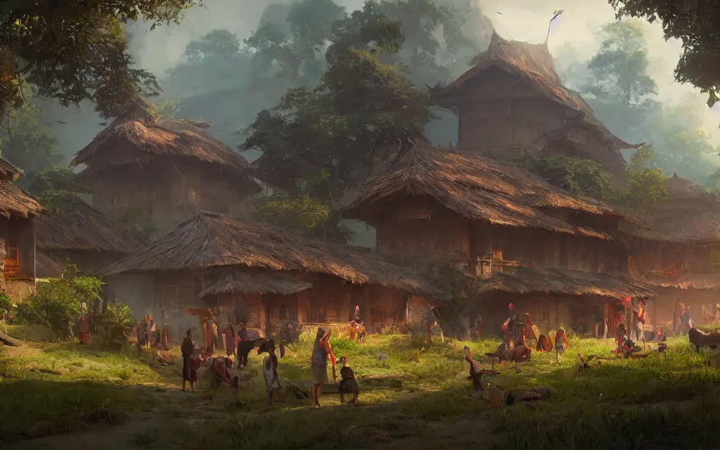 Image similar to kerala village, sharp focus, wide shot, trending on artstation, masterpiece, by greg rutkowski, by ross tran, by fenghua zhong, octane, soft render, oil on canvas, colorful, cinematic, environmental concept art