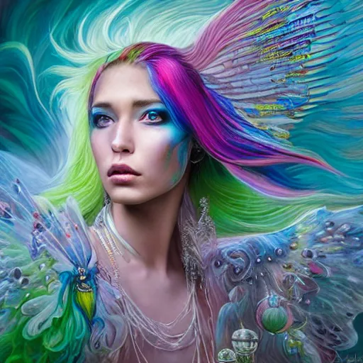Prompt: A princess with rainbow wings and rainbow hair. complex hyper-maximalist over-detailed, cinematic cosmic scifi portrait of an elegant very attractive but wild and dangerous witch anthropomorphic female warrior god by andrei riabovitchev, tomasz alen kopera, oleksandra shchaslyva alex grey and bekinski. Fantastic realism. Volumetric soft green and red lights. Ominous intricate. Secessionist style ornated portrait illustration. Unreal engine 5. Focus on face. Artstation. Deviantart. 8k 4k 64megapixel. Cosmic horror style. Rendered by binx.ly. coherent, hyperrealistic, lifelike textures and only one face on the image.