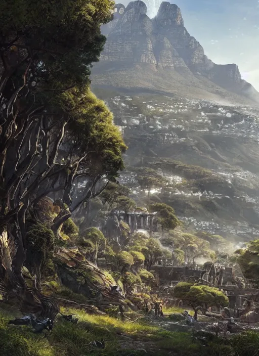 Image similar to chtulu attacking cape town city, table mountain, dense foliage beautiful details, strong composition by kim jung giu weta studio rutkowski, james gurney and greg rutkowski, and lucasfilm