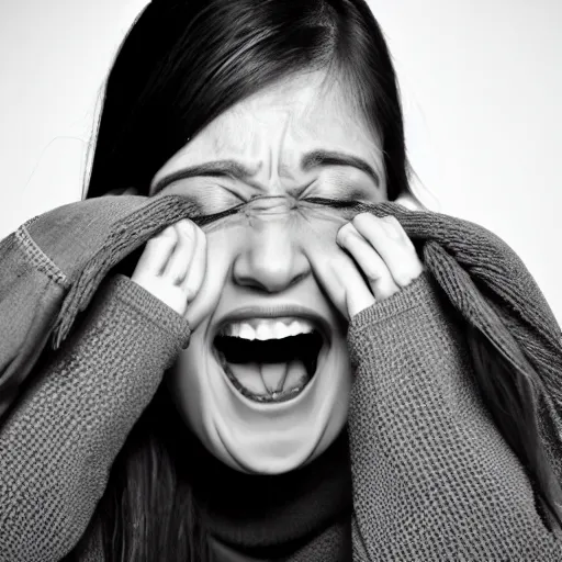 Prompt: person screaming covering their ears black and white static background