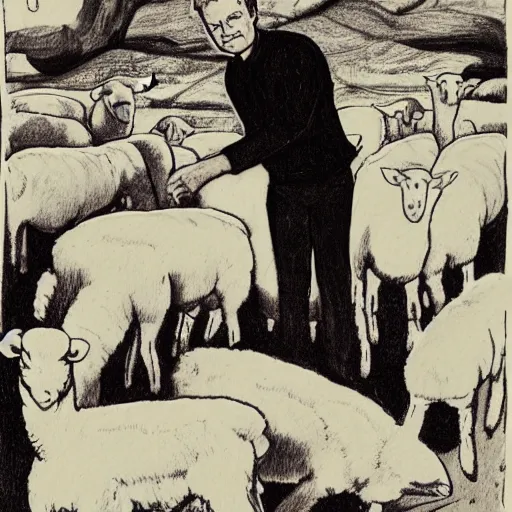 Prompt: gordon ramsey standing over lambs, gordon ramsey apologizing to the lambs, by kati horna and mœbius, pencil sketch, storybook illustration victorian shoal bean juniper, by ruta kenny and vincent di fate, black velvet