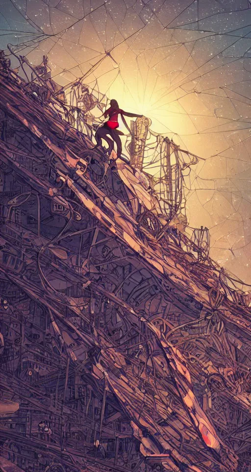 Prompt: a woman free climbing in a massive junkyard. art in the style of moebius. detailed science fiction illustration. stars in the background. beautiful lighting. digital painting