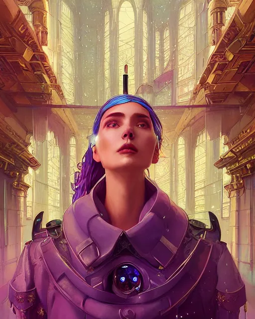 Image similar to highly detailed surreal vfx portrait of a cyberpunk queen in a majestic castle by golden tree, stephen bliss, unreal engine, greg rutkowski, loish, rhads, beeple, makoto shinkai and lois van baarle, ilya kuvshinov, rossdraws, tom bagshaw, alphonse mucha, global illumination, detailed and intricate environment