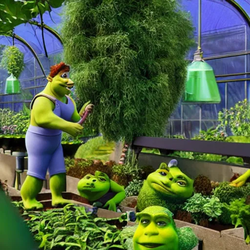 Image similar to DSLR photograph of Shrek tending to a beautiful greenhouse garden on a space station, Pixar dream works render,