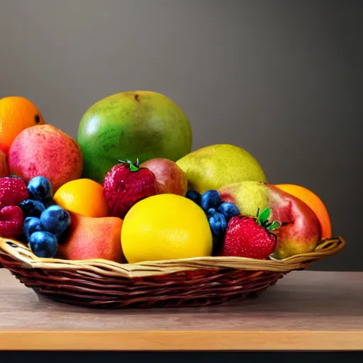 Prompt: a fruit basket on top of a kitchen table, 8k