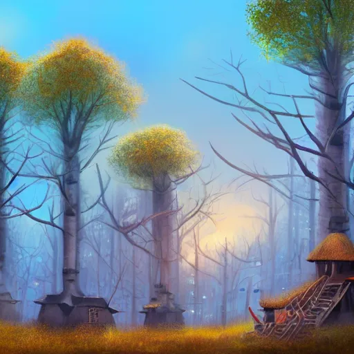 Image similar to a handful of tree houses complete with chimneys with puffs of smoke, nestled in a forest, thatched roofs, golden hour, autumn leaves, ethereal, realistic high quality art digital art trending on artstation