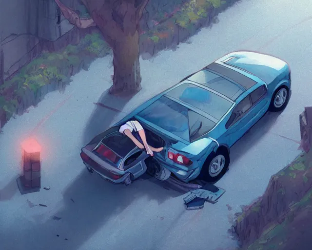 Image similar to a brunnete girl with blue eyes and puffy cheeks lying in a car accident, long shot from the top, anime art, Greg Rutkowski, studio ghibli, dramatic lighting