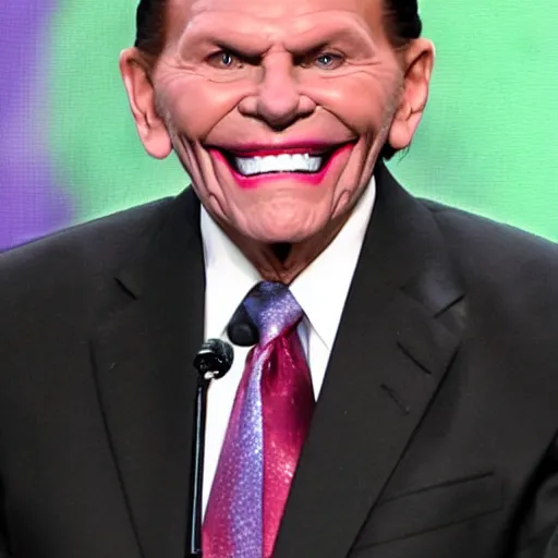Prompt: pastor kenneth copeland as the joker on his televangelist megachurch pulpit