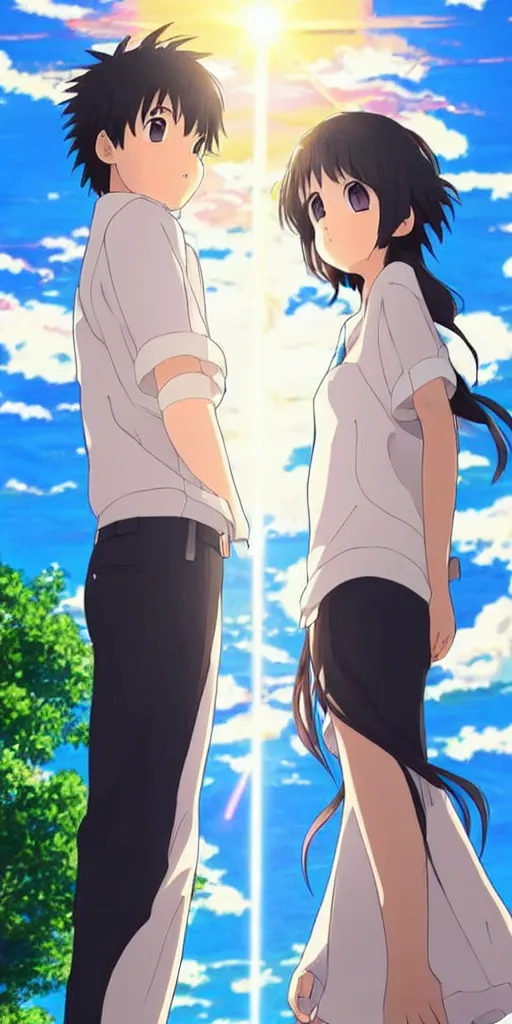 Image similar to a man and a woman holding hands under a beautiful sun drawn like the anime Your Name anime, intricate