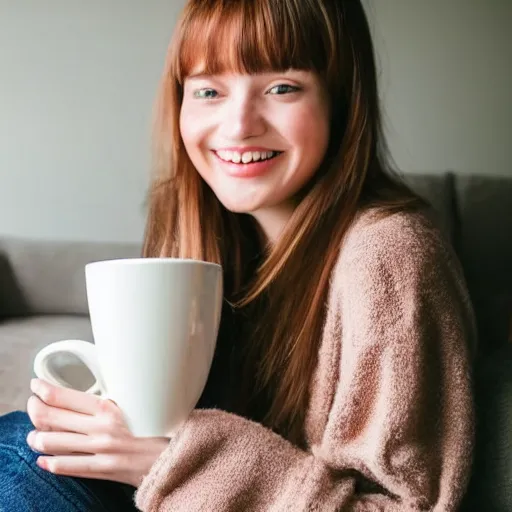 Image similar to photograph of a cute thin young woman, red blush, wearing casual clothes, small smile, relaxing on a couch, holding a steaming cup of coffee, cozy living room, medium shot, 8 k, trending on instagram, photorealistic, trending on pinterest, portra 4 0 0