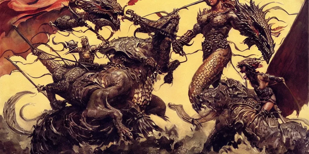 Prompt: portrait of a single barbarian princess riding a dragon into battle, intricate, elegant, highly detailed, digital painting, art by frank frazetta and boris vallejo