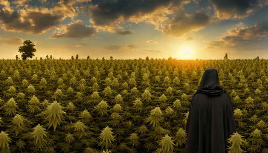 Image similar to the grim reaper walking in a cannabis field, sunset, global illumination, hyper - realistic, insanely detailed and intricate, cinematic, 8 k