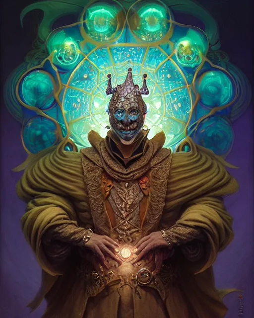 Image similar to front shot of a court jester character, hyperdimensional, bioluminescent hypercubes, ((intricate)), elegant, highly detailed, centered, (((artstation, concept art, smooth, sharp focus, artgerm, Tomasz Alen Kopera, Peter Mohrbacher, donato giancola, Joseph Christian Leyendecker, WLOP, Boris Vallejo))), mugshot!!!!!, ugly!!!!!!, octane render, nvidia raytracing demo, grainy, muted